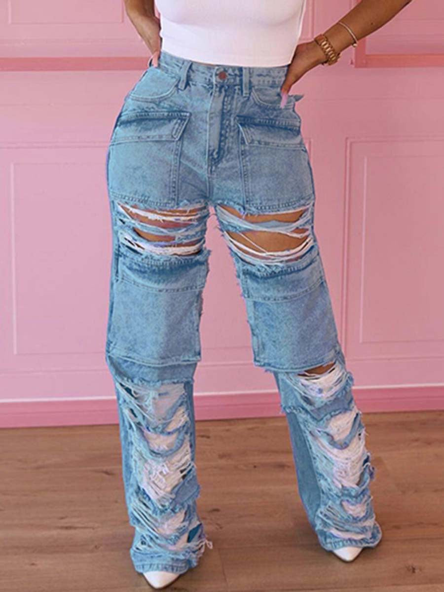 Beggar Wind Hole Raw Hem Jeans Female