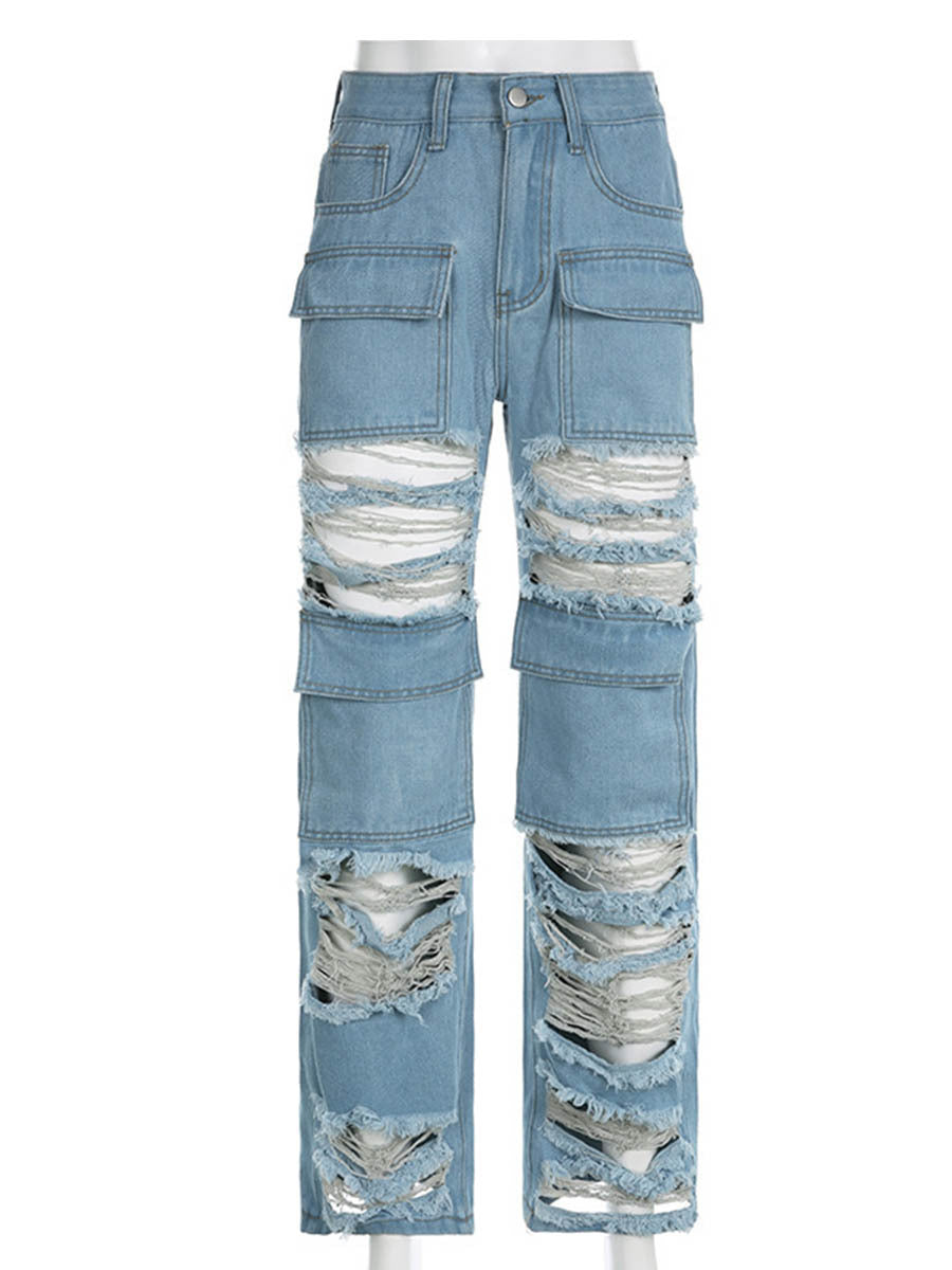 Beggar Wind Hole Raw Hem Jeans Female